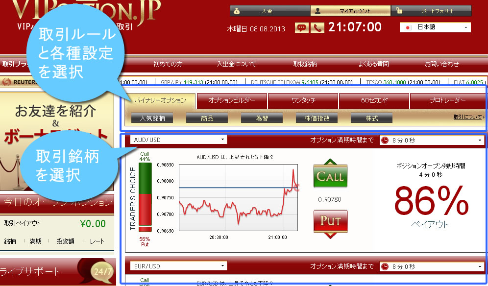 VIPオプションのデモ口座ログイン前画像