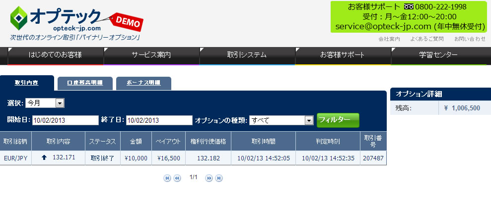 オプテック(Opteck)デモ口座取引結果画像