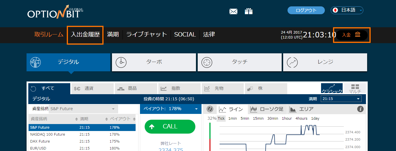 オプションビットログイン後画面