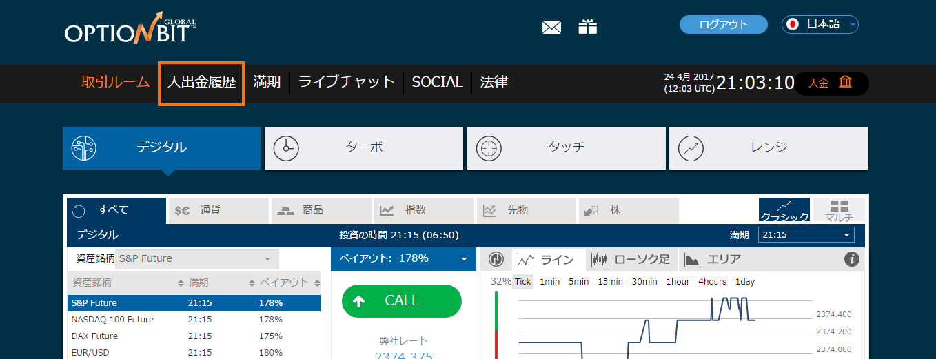 オプションビットログイン後画面