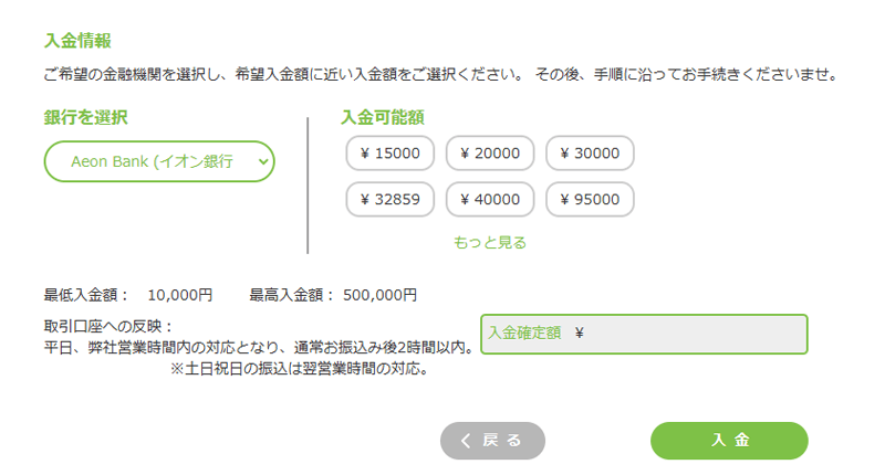 Theoptionの入金銀行振込入金画面