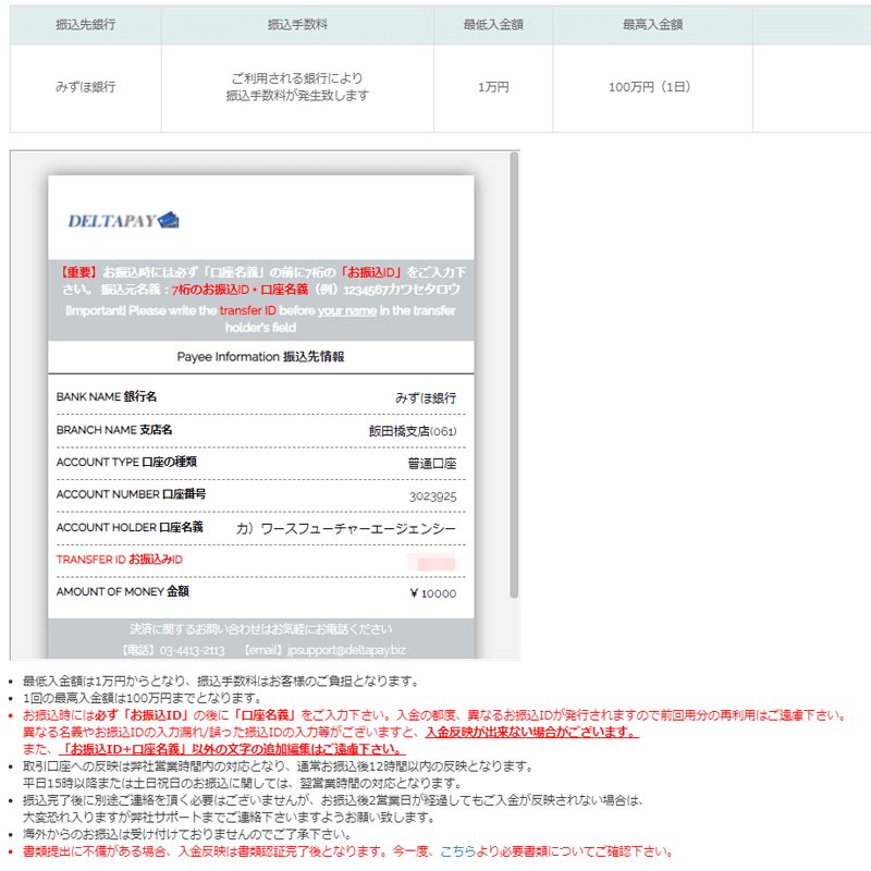 Theoptionの入金銀行振込入金画面