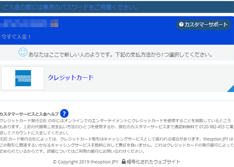 Theoptionのクレジットカード入金画面