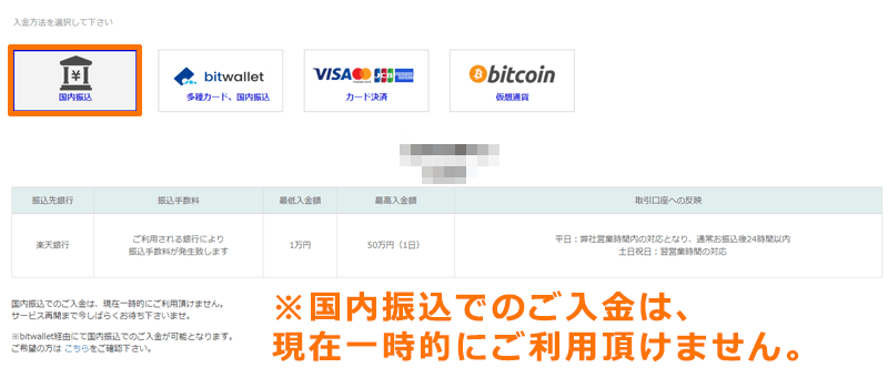 Theoptionの国内銀行振込入金画面