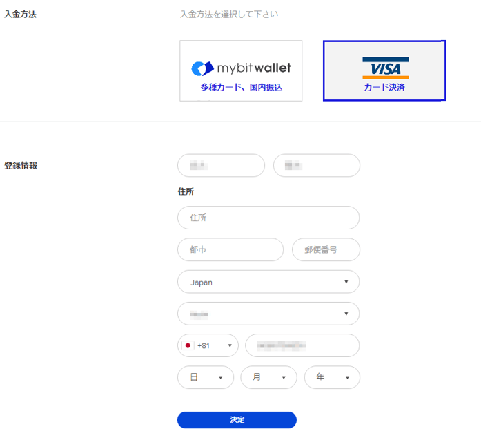 Theoptionのクレジットカード入金画面