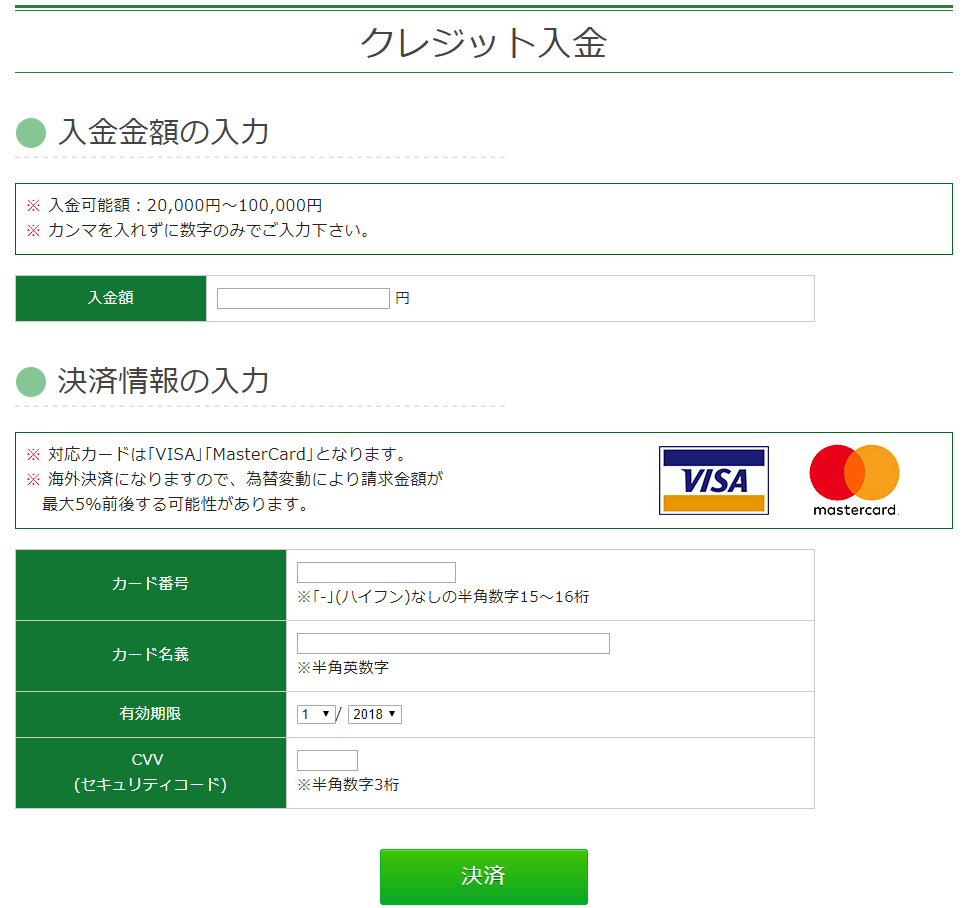 トレード200の入金画面