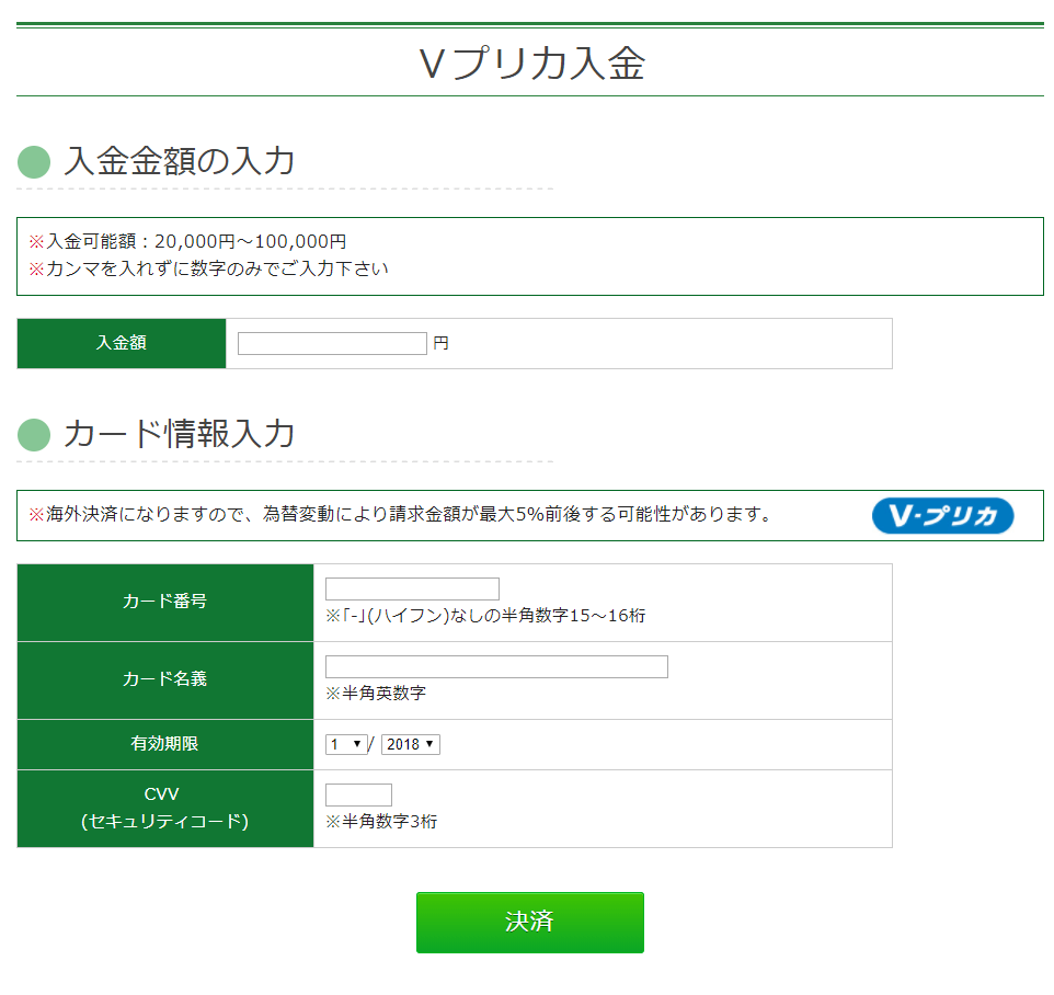 トレード200の入金画面