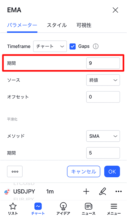 移動平均線の設定方法　スマホ